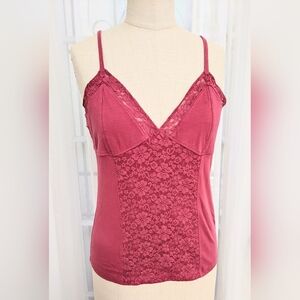 Aerie Cotton Spandex Lace Panel Camisole Top LG Wine Adj Stretch Straps Cute